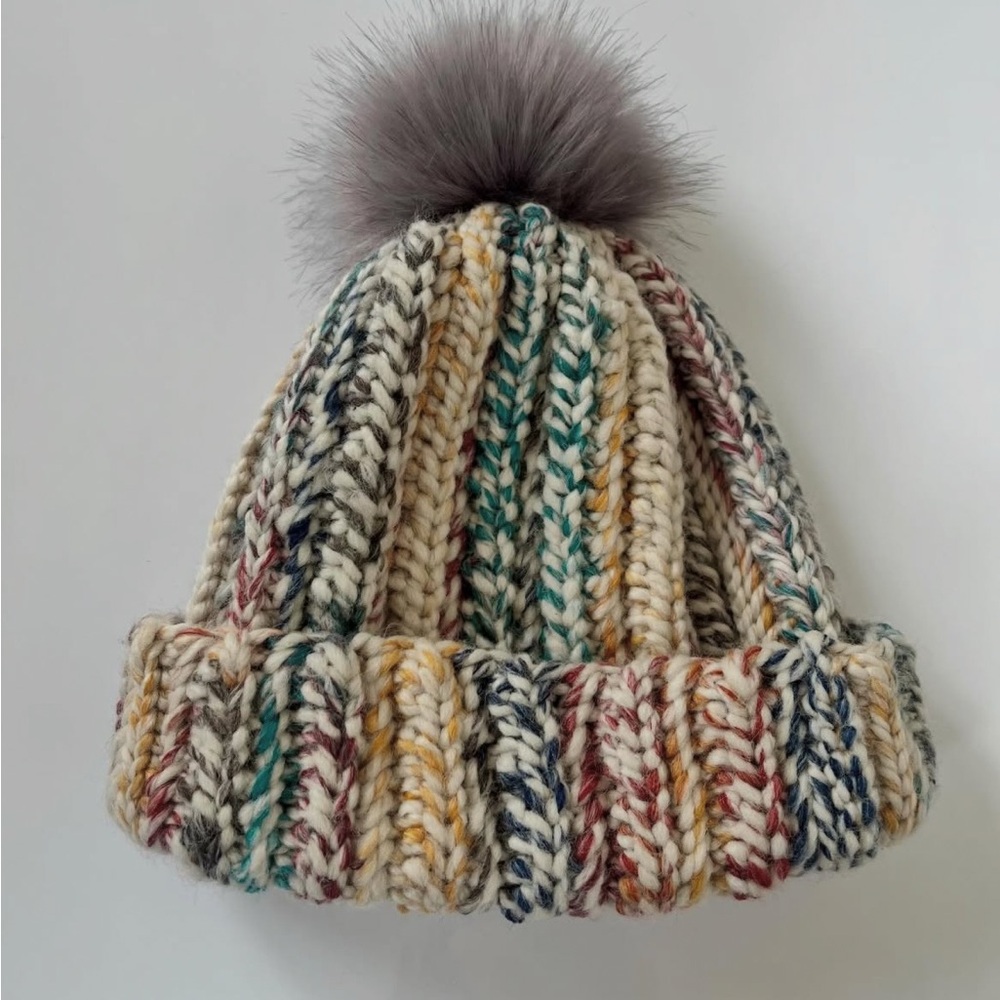 Crochet Multicolor Chunky Knit Pom Beanie - Cream Base